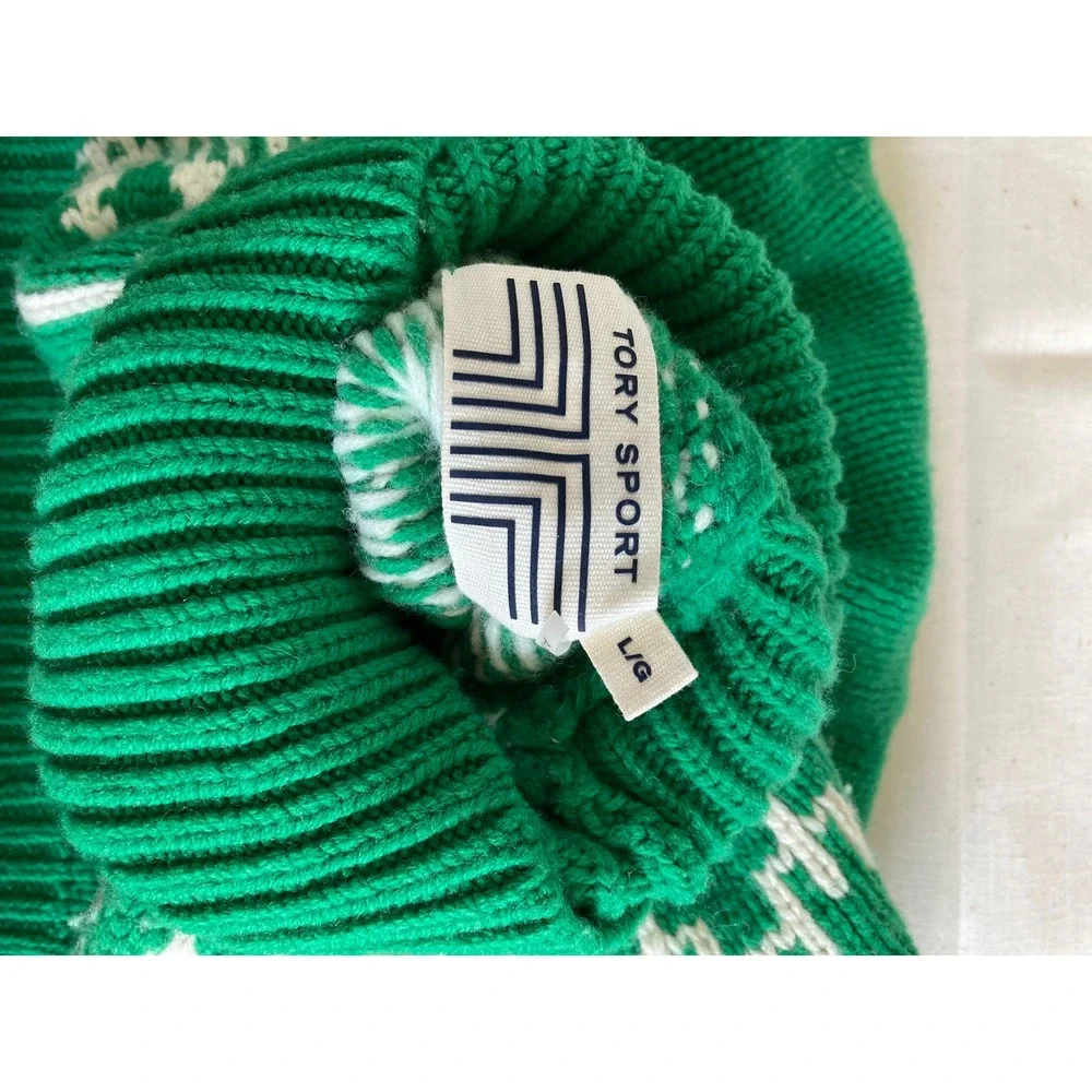 Tory Sport Green White Merino Wool Fair Isle Turtleneck Sweater L 48039
